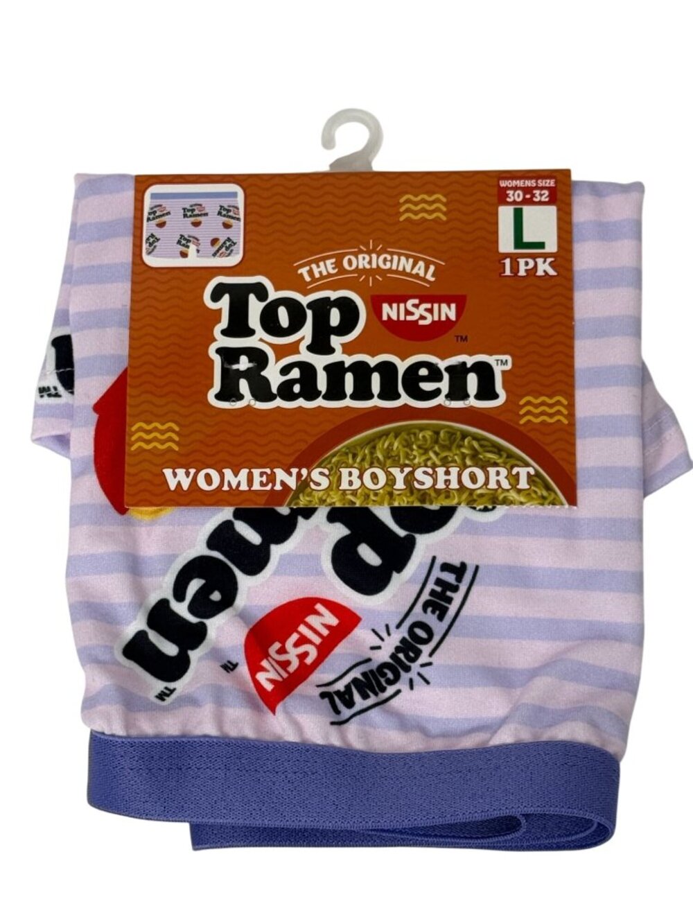 Top Ramen Women's Boyshorts Size L Purple Stripe Noodle Print NWT